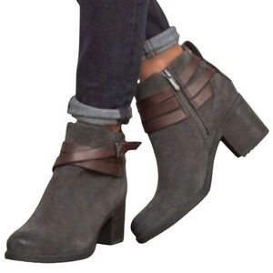 SAM EDELMAN Gray Suede/ Brown‎ Leather Zip Heeled Booties Women's Size 7.5M